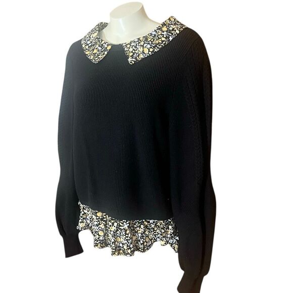 Mauve Anthropologie Black Balloon Sleeve Floral Collar & Hem Sweater - Picture 4 of 9